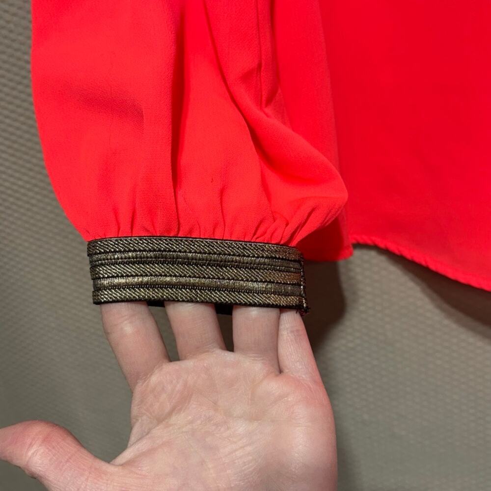 Stella & Dot Soiree Neon Orange Coral Blouse Metallic Striped Cuffs Women's M - Picture 3 of 9